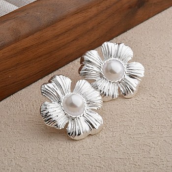 Flower Brass Stud Earrings, with Plastic Imitation Pearl, 925 Sterling Silver Plated, 25x25mm