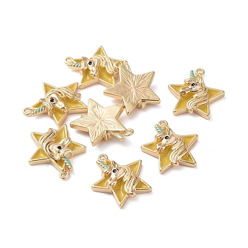 Brass Pendants, with Enamel, Star with Unicorn, Real 18K Gold Plated, Yellow, 15.3x14x3.4mm, Hole: 1mm