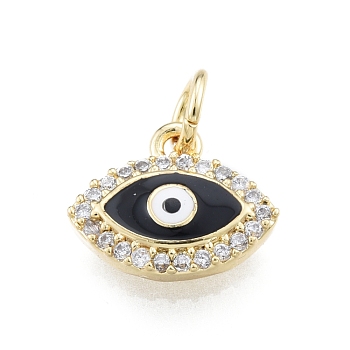 Brass Micro Pave Clear Cubic Zirconia Charms, with Enamel and Jump Rings, Golden, Evil Eye, Black, 10x12x2.5mm, Hole: 3mm