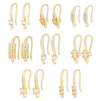 8 Pairs 8 Styles Brass Micro Pave Clear Cubic Zirconia Earring Hooks, Ear Wire, with Loops, Leaf & Rectangle, Real 18K Gold Plated, 15~18.5mm, Hole: 1~1.2mm, 1 Pair/style