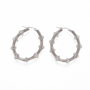 Long-Lasting Plated 304 Stainless Steel Wire Wrapped Hoop Earrings, Hypoallergenic Earrings, Oval, Stainless Steel Color, 42.5x34x6.5mm, Pin: 1x0.6mm