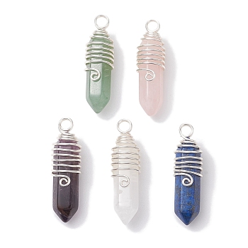 Natural Mxied Gemstone Copper Wire Wrapped Pendants, Pointed Faceted Bullet Charms, Silver, 36~37x10.5~11x10.5mm, Hole: 3.5mm