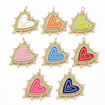 Brass Micro Pave Clear Cubic Zirconia Pendants, with Enamel and Jump Ring, Real 16K Gold Plated, Heart, Nickel Free, Mixed Color, 26x24x2.5mm, Jump Ring: 5x1mm, 3mm inner diameter
