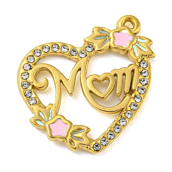 Ion Plating(IP) Real 18K Gold Plated 304 Stainless Steel Rhinestone Pendants, Heart with Word Mom Charms, for Mother's Day, Crystal, 22x21x2mm, Hole: 1mm