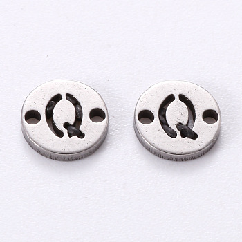 201 Stainless Steel Links, Laser Cut, Flat Round with Letter, Letter.Q, 6x6x1mm, Hole: 0.8mm