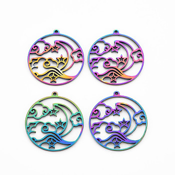 201 Stainless Steel Pendants, Ring with Star & Moon, Rainbow Color, 30x28x1.5mm, Hole: 1.5mm