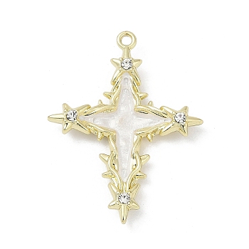 Rack Plating Alloy Enamel Rhinestone Pendants, Cadmium Free & Nickel Free & Lead Free, Cross, Golden, 31.5x24.5x4.5mm, Hole: 1.5mm