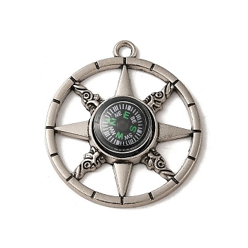 Alloy Pendant, with Glass Compass, Cadmium Free & Lead Free, Antique Silver, 41.5x37x7.5mm, Hole: 2.8mm