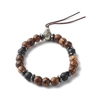 Anxiety Stress Synthetic Hematite & Natural Lava Rock Bracelets for Men Women, Gourd Stretch Bracelet with Round Wood Beads, Colorful, Inner Diameter: 2 inch(5cm)
