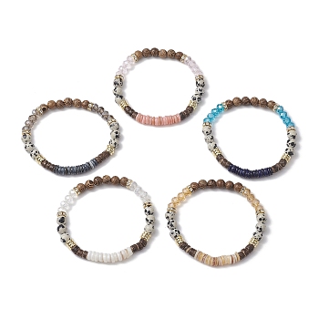 Round Natural Dalmatian Jasper & Glass & Wooden Beaded Stretch Bracelets for Women, Inner Diameter: 2 inch(5.2cm)