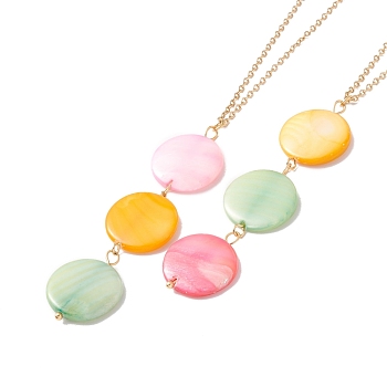 Natural Shell Flat Round Pendant Necklace with 304 Stainless Steel Chains for Women, Golden, Colorful, 17.76~17.91 inch(45.1~45.5cm)