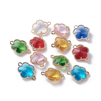 Glass Links connectors, with Eco-Friendly Alloy Open Back Berzel Findings, Flower, Light Gold, Mixed Color, 15.5x12x5mm, Hole: 1.4mm