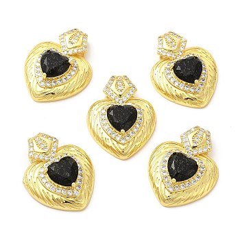 Rack Plating Brass & Rhinestone Pendants, with Crushed Ice Cut Cubic Zirconia, Heart Charm, Real 14K Gold Plated, Cadmium Free & Lead Free, Black, 30x23x7.5mm, Hole: 3.5x7mm
