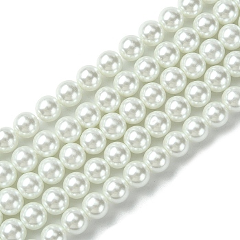 Eco-Friendly Dyed Glass Pearl Round Bead Strands, Cotton Cord Threaded, White, 8mm, Hole: 0.7~1.1mm, about 52pcs/strand, 15 inch