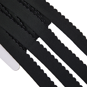 Flat Polyester Elastic Cord, Single Wavy Edged Cord with Latex, Clothes Accessories, Black, 24.5~25mm