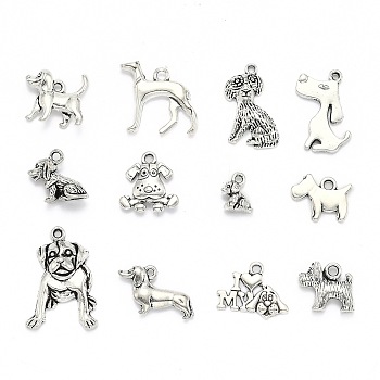 Tibetan Style Alloy Puppy Pendants, Dog Charms, Mixed Style, Antique Silver, 15~47x8~34x1~13mm, Hole: 1~2mm