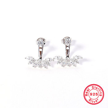 Rhodium Plated Platinum 925 Sterling Silver Micro Pave Cubic Zirconia Front Back Stud Earrings, with 925 Stamp, Leaf, 16x16mm