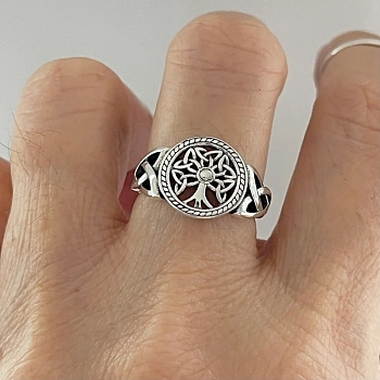 Alloy Plain Band Rings,Tree of Life, Flat Round, Antique Silver, US Size 7(17.3mm)