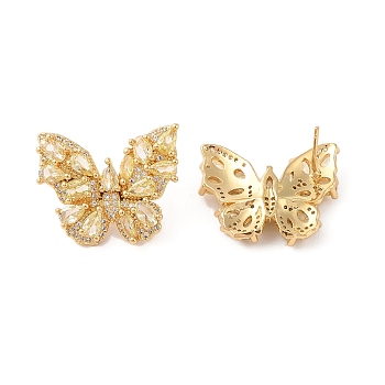 Rack Plating Brass with Cubic Zirconia Stud Earrings for Women, Cadmium Free & Lead Free, Long-Lasting Plated, Real 18K Gold Plated, Butterfly, Champagne Yellow, 20x25mm