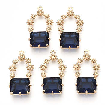 Golden Tone Brass Pendants, with Faceted Glass, Prussian Blue, 28~30x16~18x6.5mm, Hole: 1.6mm