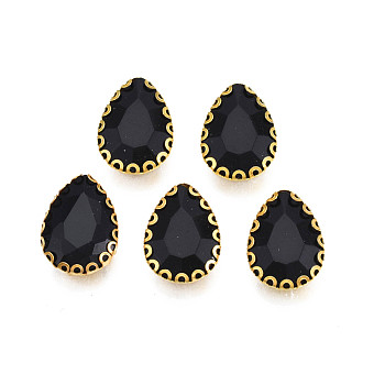 Sew on Rhinestone, Opaque Glass Rhinestones, with Iron Prong Settings, Faceted, Teardrop, Black, 14.5x10.5x5.5mm, Hole: 1mm