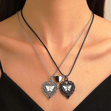 2Pcs 2 Style Heart with Butterfly Alloy Enamel Pendant Necklaces Set(PW-WG25073-01)-2