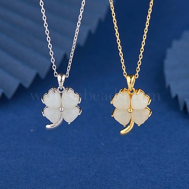Natural Hetian White Jade Clover Pendant Necklace(JN1078A)-4