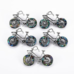 Bicycle Shape Natural Abalone Shell/Paua Shell Brooch Pin, Alloy with Rhinestone Lapel Pin for Backpack Clothing, Lead Free & Cadmium Free, Antique Silver, Colorful, 34~35x50~52x10~12mm, Hole: 6x4mm, Pin: 0.7mm(G-N333-010B-RS)