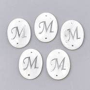 Freshwater Shell Links connectors, with Brass Findings, Oval with Letter, Letter.M, 25.5x19x3mm, Hole: 1.2mm(SHEL-S274-23M-P)