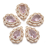 Brass Micro Pave Cubic Zirconia Pendants, with Faceted Glass, Long-Lasting Plated, Light Gold, Teardrop, Pink, 23x17x7mm, Hole: 1.4mm(KK-R111-005-A06)