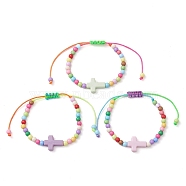 Cross & Round Acrylic Braided Bead Bracelets, Adjustable Nylon Cord Kid Bracelets for Girls, Colorful, Inner Diameter: 1-3/8~2-3/4 inch(3.5~7cm)(BJEW-JB10239-01)
