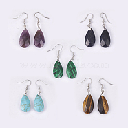 Natural & Synthetic Mixed Stone Dangle Earrings, with Brass Findings, teardrop, Faceted, Platinum, 45~49mm, Pin: 0.7mm, Pendant: 24~26x13x6~7mm(EJEW-P150-A)