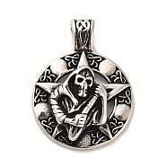 Tibetan Style 304 Stainless Steel Pendants, Flat Round with Skull, Antique Silver, 48.5x36x11mm, Hole: 8x5.5mm(STAS-M334-23AS)