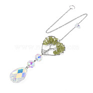 Natural Olive Quartz Big Pendants, with Platinum Brass Chain Extender and Findings, Plating Glass Teardrop & Flower, Clear AB Color, Heart with Tree of Life, 130mm, Hole: 4mm(G-N333-008B)