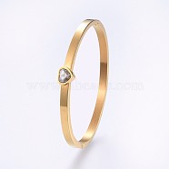 304 Stainless Steel Bangles, with Rhinestone, Heart, Golden, 2-1/4 inch(5.6cm)x1-7/8 inch(4.7cm), 4~7.5mm(BJEW-P222-08G)