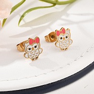 Brass Enamel Stud Earrings, Owl, Golden, White, 10x9mm(EJEW-B119-01G-02)