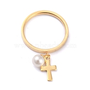Dual-use Items, 304 Stainless Steel Finger Rings or Pendants, with Plastic Round Beads, Cross, White, Golden, US Size 7(17.3mm)(RJEW-O045-17C-G)