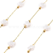 Ion Plating(IP) 304 Stainless Steel Paperclip Chains, Soldered, with ABS Imitation Pearl Beads, Real 18K Gold Plated, Real 18K Gold Plated, 6.5x7x3.5mm, about 16.40 Feet(5m)/Roll(CHS-P018-04B-G)