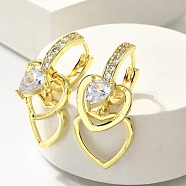 Brass Clear Cubic Zirconia Hoop Earrings, Heart, Real 18K Gold Plated, 31.5x16mm(EJEW-M047-12G)