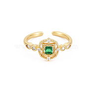 Flat Round with Square Glass Open Cuff Ring with Cubic Zirconia, Real 18K Gold Plated Brass Jewelry for Women, Cadmium Free & Lead Free, Dark Green, US Size 5 1/2(16.1mm)(RJEW-S049-010G)
