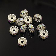 Brass Rhinestone Spacer Beads, Grade A, Straight Flange, Silver Color Plated, Rondelle, Crystal AB, 8x3.8mm, Hole: 1.5mm(X-RB-A014-Z8mm-28S)