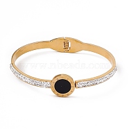 Roman Numeral Hinged Bangles, Polymer Clay Rhinestone Bangle with Resin Black Round, Vacuum Plating 201 Stainless Steel Bangles for Women, Golden, Inner Diameter: 2x2-1/2 inch(4.95x6.25cm)(BJEW-F439-07G)