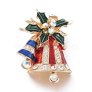 Golden Plated Alloy Brooches, with Rhinestone and Enamel, Christmas Bell, for Christmas, Colorful, 42.5x29.5x9.5mm, Pin: 0.8mm(X-JEWB-L011-023G)