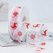 22M Christmas Printed Organza Ribbons, Flat, White, 1 inch(25mm), about 24.06 Yards(22m)/Roll(XMAS-PW0001-183Q)
