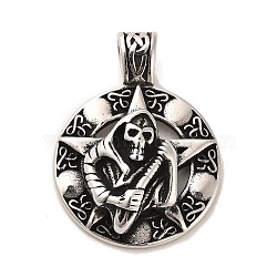 Tibetan Style 304 Stainless Steel Pendants, Flat Round with Skull, Antique Silver, 48.5x36x11mm, Hole: 8x5.5mm(STAS-M334-23AS)