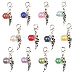 12Pcs 12 Colors Round Acrylic & Wing Alloy Pendant Decoration, Lobster Claw Clasps Charms for Backpack Key Chain Ornaments, Mixed Color, 32mm, 1pc/color(HJEW-JM02401)