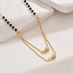 Fashionable Brass & Natural Black Onyx(Dyed & Heated) Round Pendant Necklaces for Women, Real 18K Gold Plated, 17.91 inch(45.5cm)(IF1859-4)