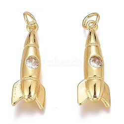 Brass Micro Pave Clear Cubic Zirconia Pendants, Long-Lasting Plated, Rocket, Real 18K Gold Plated, 23x8.5x5mm, Hole: 3mm(X-ZIRC-O035-23G)
