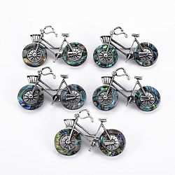 Bicycle Shape Natural Abalone Shell/Paua Shell Brooch Pin, Alloy with Rhinestone Lapel Pin for Backpack Clothing, Lead Free & Cadmium Free, Antique Silver, Colorful, 34~35x50~52x10~12mm, Hole: 6x4mm, Pin: 0.7mm(G-N333-010B-RS)