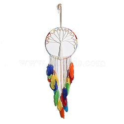 Tree of Life Woven Web/Net with Feather Wall Hanging Decorations, with Iron Ring and Wood Bead, for Home Bedroom Decorations, Colorful, 900mm(PW-WG74302-01)
